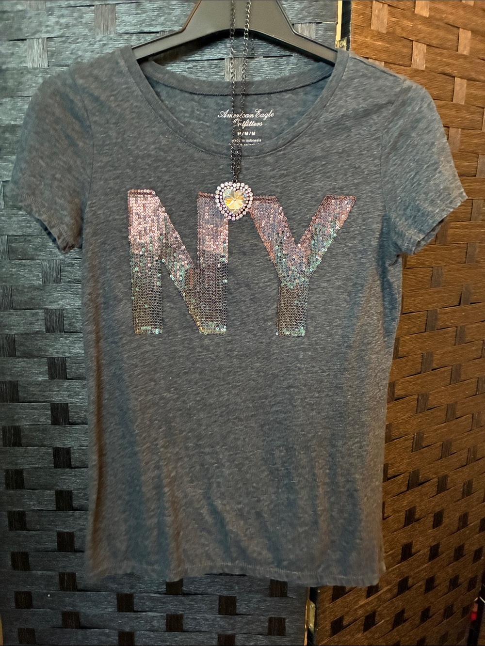 American Eagle Outfitters Charcoal Gray Sequin 'NY' Short Sleeve Tee